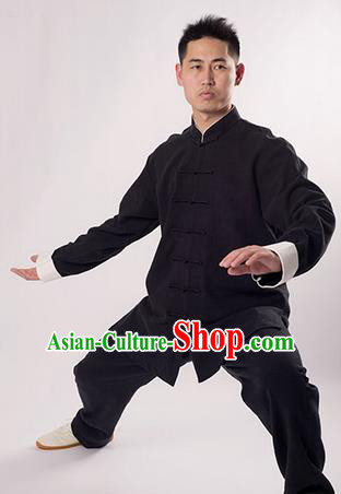 Traditional Chinese Thicken Linen Kung Fu Costume Martial Arts Kung Fu Training Uniform Tang Suit Gongfu Shaolin Wushu Clothing Tai Chi Taiji Teacher Suits Uniforms for Men