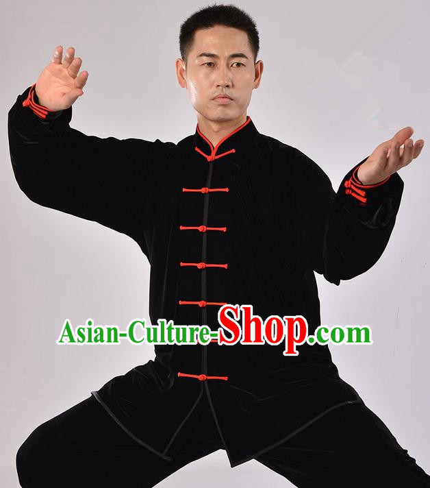 Traditional Chinese Thicken Pleuche Kung Fu Costume Martial Arts Kung Fu Training Uniform Tang Suit Gongfu Shaolin Wushu Clothing Tai Chi Taiji Teacher Suits Uniforms for Men