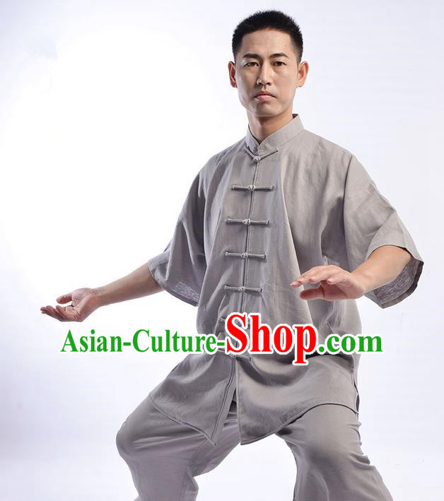 Traditional Chinese Linen Kung Fu Short Sleeve Costume Martial Arts Kung Fu Training Uniform Tang Suit Gongfu Shaolin Wushu Clothing Tai Chi Taiji Teacher Suits Uniforms for Men