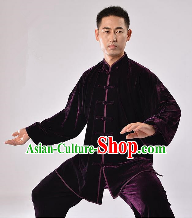 Traditional Chinese Thicken Pleuche Kung Fu Costume Martial Arts Kung Fu Training Uniform Tang Suit Gongfu Shaolin Wushu Clothing Tai Chi Taiji Teacher Suits Uniforms for Men