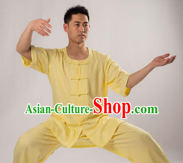 Traditional Chinese Fine Linen Short Sleeve Kung Fu Costume Martial Arts Kung Fu Training Uniform Tang Suit Gongfu Shaolin Wushu Clothing Tai Chi Taiji Teacher Suits Uniforms for Men