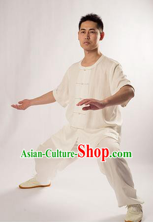 Traditional Chinese Fine Linen Short Sleeve Kung Fu Costume Martial Arts Kung Fu Training Uniform Tang Suit Gongfu Shaolin Wushu Clothing Tai Chi Taiji Teacher Suits Uniforms for Men