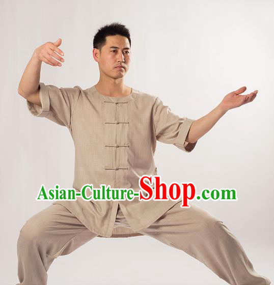 Traditional Chinese Fine Linen Short Sleeve Kung Fu Costume Martial Arts Kung Fu Training Uniform Tang Suit Gongfu Shaolin Wushu Clothing Tai Chi Taiji Teacher Suits Uniforms for Men