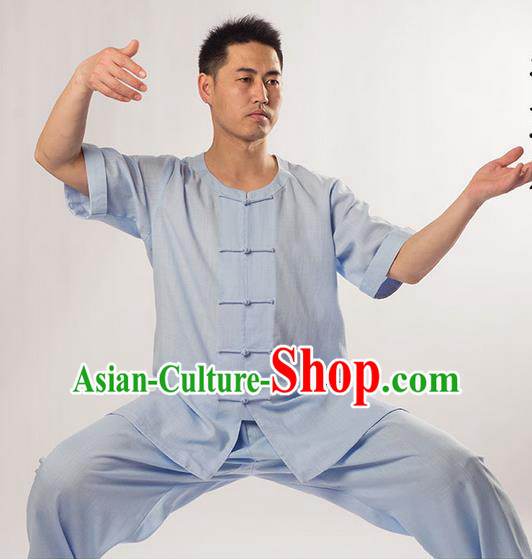 Traditional Chinese Fine Linen Short Sleeve Kung Fu Costume Martial Arts Kung Fu Training Uniform Tang Suit Gongfu Shaolin Wushu Clothing Tai Chi Taiji Teacher Suits Uniforms for Men