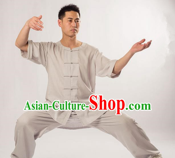 Traditional Chinese Fine Linen Short Sleeve Kung Fu Costume Martial Arts Kung Fu Training Uniform Tang Suit Gongfu Shaolin Wushu Clothing Tai Chi Taiji Teacher Suits Uniforms for Men