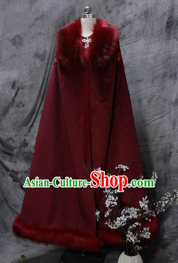 Chinese Ancient Cosplay Costumes Cloak, Chinese Traditional Embroidered Royal Prince Fur Collar Cloak, Ancient Chinese Cosplay Swordsman Knight Cloak for Men