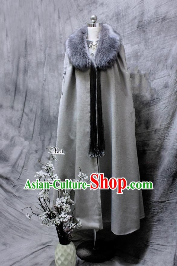 Chinese Ancient Cosplay Costumes Cloak, Chinese Traditional Embroidered Royal Prince Fur Collar Cloak, Ancient Chinese Cosplay Swordsman Knight Grey Cloak for Men