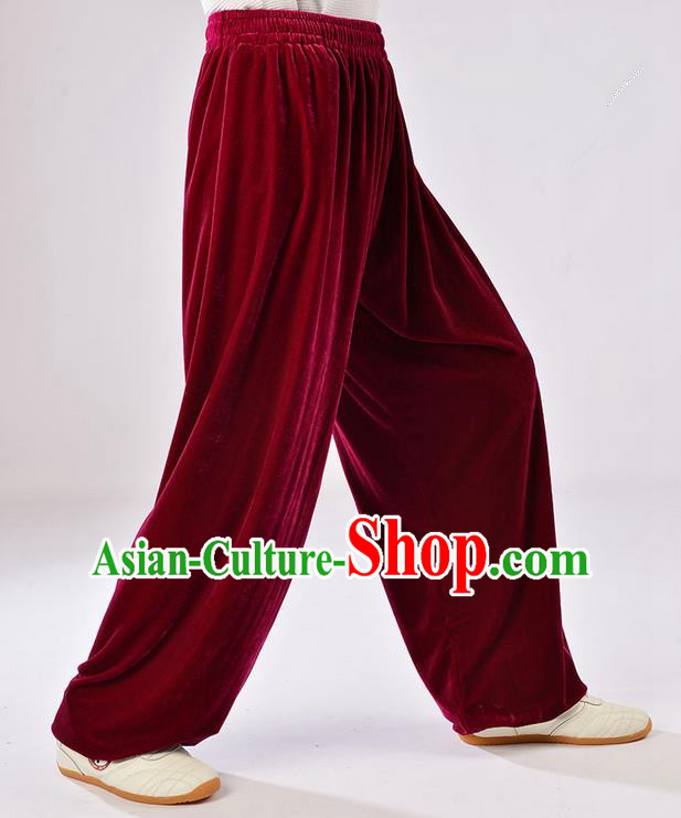 Traditional Chinese Thicken Pleuche Kung Fu Trousers, Martial Arts Kung Fu Training Trousers Tang Suit Gongfu Shaolin Wushu Clothing Tai Chi Taiji Teacher Pants for Women