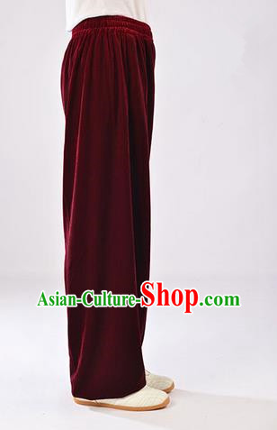 Traditional Chinese Thicken Pleuche Kung Fu Trousers, Martial Arts Kung Fu Training Trousers Tang Suit Gongfu Shaolin Wushu Clothing Tai Chi Taiji Teacher Pants for Women