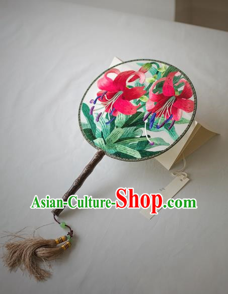 Traditional Chinese Palace Lady Accessories Hanfu Embroidered Lily Flowers Circular Fans, Asian China Ancient Round Fan for Women