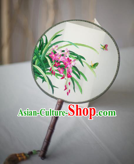 Traditional Chinese Palace Lady Accessories Hanfu Embroidered Orchid Fans, Asian China Ancient Round Fan for Women