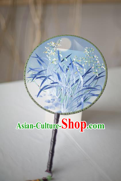 Traditional Chinese Palace Lady Accessories Hanfu Embroidered Orchid Fans, Asian China Ancient Round Fan for Women