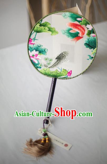 Traditional Chinese Palace Lady Accessories Hanfu Embroidered Lotus Fish Fans, Asian China Ancient Round Fan for Women