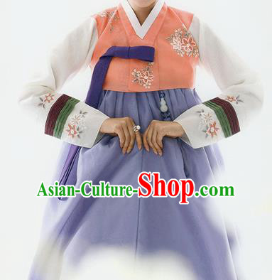 Traditional Korean Costumes Bride Wedding Orange Blouse and Silk Dress, Korea Hanbok Princess Court Embroidered Clothing for Women