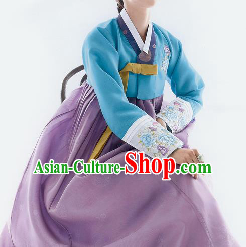 Traditional Korean Costumes Bride Wedding Blue Blouse and Purple Silk Dress, Korea Hanbok Princess Court Embroidered Clothing for Women