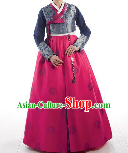 Traditional Korean Costumes Princess Navy Blouse and Pink Dress, Korea Hanbok Court Embroidered Clothing for Women