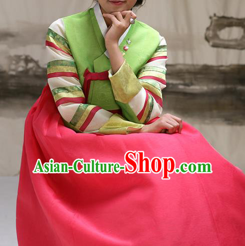 Traditional Korean Costumes Imperial Consort Wedding Green Blouse and Pink Dress, Asian Korea Hanbok Court Bride Embroidered Clothing for Women