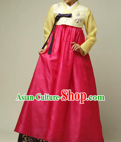 Traditional Korean Costumes Imperial Palace Lady Wedding Yellow Blouse and Red Dress, Asian Korea Hanbok Court Bride Embroidered Clothing for Women
