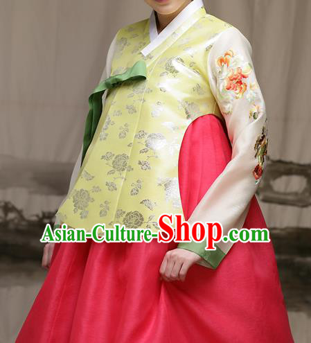 Traditional Korean Costumes Imperial Palace Lady Wedding Golden Blouse and Red Dress, Asian Korea Hanbok Court Bride Embroidered Clothing for Women