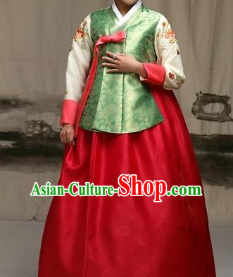 Traditional Korean Costumes Imperial Palace Lady Wedding Green Blouse and Red Dress, Asian Korea Hanbok Court Bride Embroidered Clothing for Women