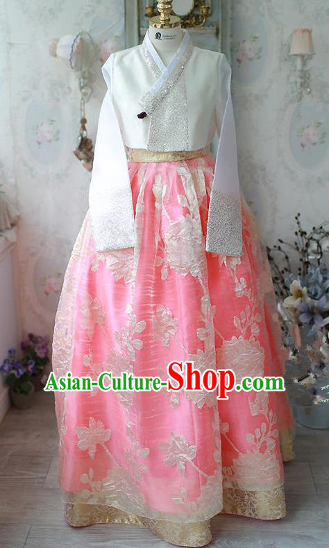 Traditional Korean Costumes Imperial Palace Lady Wedding White Blouse and Pink Dress, Asian Korea Hanbok Court Bride Embroidered Clothing for Women