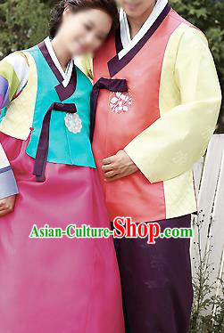 Traditional Korean Costumes Palace Lady Formal Attire Ceremonial Blue Blouse and Pink Dress, Asian Korea Hanbok Bride Embroidered Clothing for Women