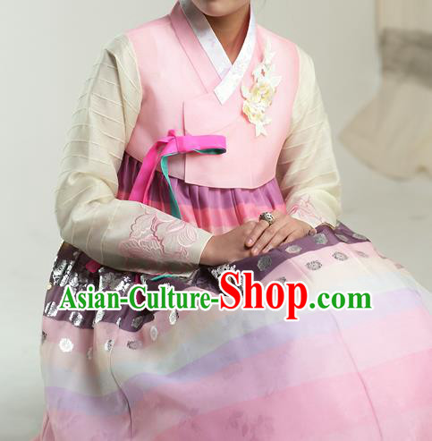 Traditional Korean Costumes Palace Lady Formal Attire Ceremonial Pink Dress, Asian Korea Hanbok Bride Embroidered Clothing for Women