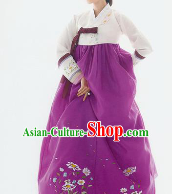 Traditional Korean Costumes Palace Lady Formal Attire Ceremonial Wedding Purple Dress, Asian Korea Hanbok Bride Embroidered Clothing for Women