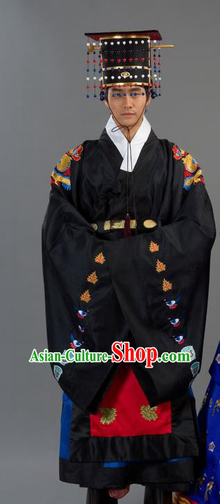 Traditional Korean Costumes Bridegroom Formal Attire Ceremonial Black Cloth, Asian Korea Emperor Hanbok Embroidered Clothing for Men