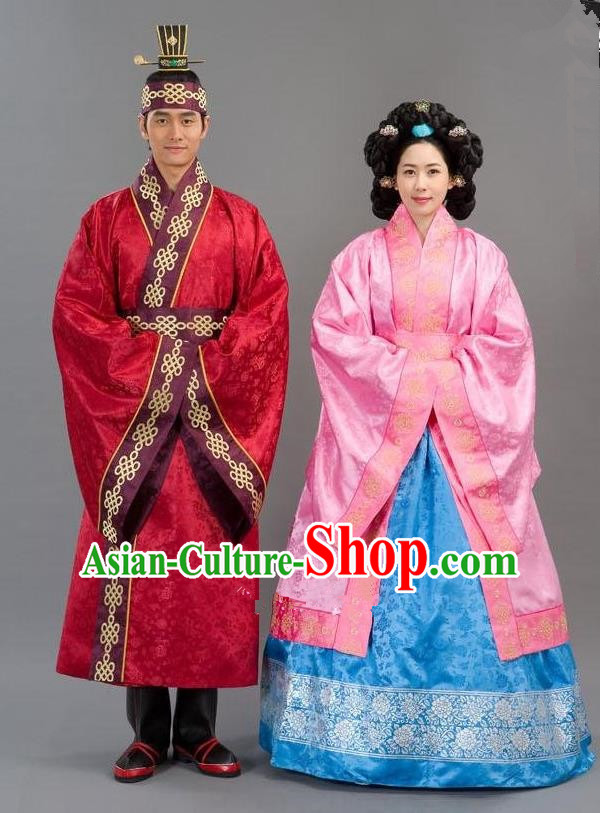 Traditional Korean Costumes Emperor and Empress Formal Attire Ceremonial Wedding Clothing, Asian Korea Hanbok Embroidered Clothing for Women for Men