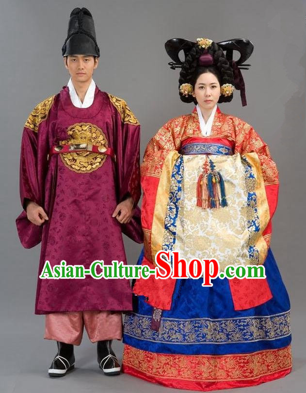 Traditional Korean Costumes Emperor and Empress Formal Attire Ceremonial Wedding Red Clothing, Asian Korea Hanbok Embroidered Clothing for Women for Men