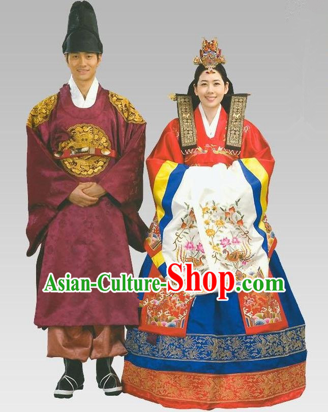 Traditional Korean Costumes Emperor and Empress Formal Attire Ceremonial Wedding Clothing, Asian Korea Hanbok Embroidered Clothing for Women for Men