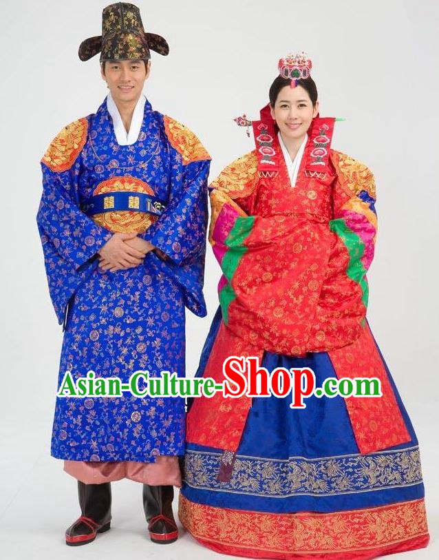 Traditional Korean Costumes Emperor and Empress Formal Attire Ceremonial Wedding Clothing, Asian Korea Hanbok Embroidered Clothing for Women for Men