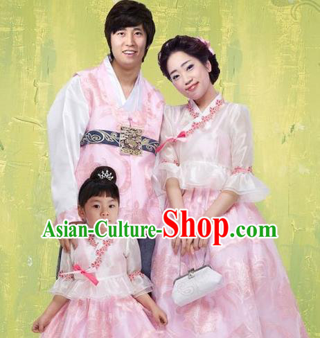 Traditional Korean Costumes Parent-Child Outfit Full Dress Family Formal Attire Ceremonial Clothes, Korea Court Embroidered Clothing Complete Set