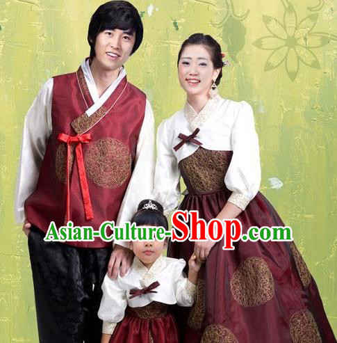 Traditional Korean Costumes Parent-Child Outfit Full Dress Family Formal Attire Ceremonial Clothes, Korea Court Embroidered Clothing Complete Set