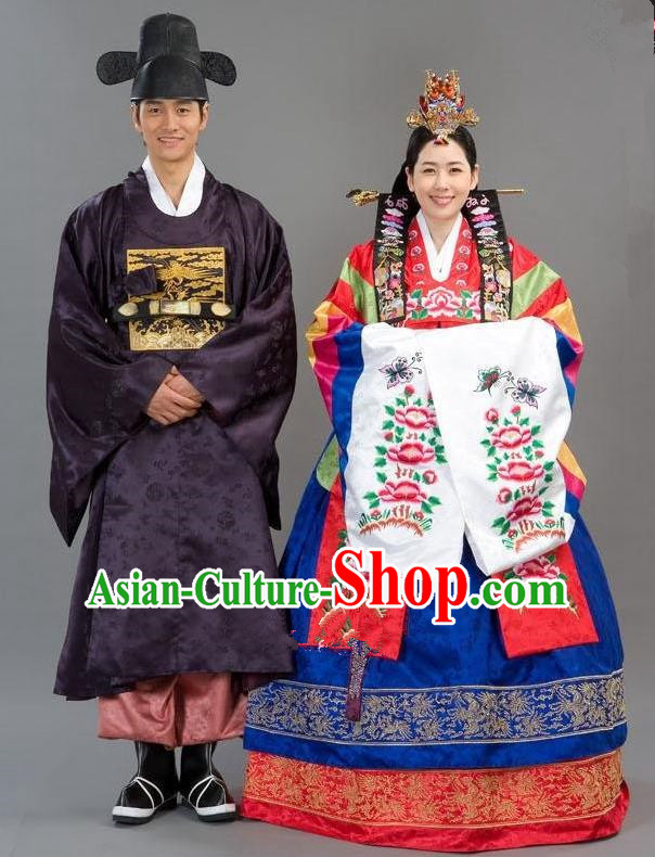 Traditional Korean Costumes Emperor and Empress Formal Attire Ceremonial Cloth, Asian Korea Hanbok Embroidered Clothing for Women for Men