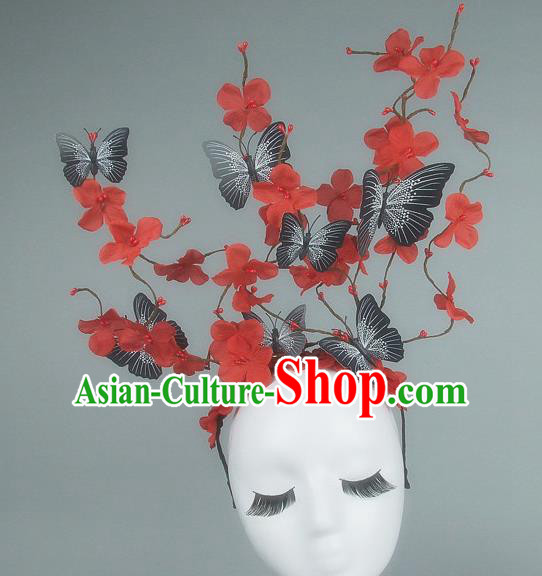 Asian China Butterfly Red Flowers Hair Accessories Model Show Headdress, Halloween Ceremonial Occasions Miami Deluxe Headwear