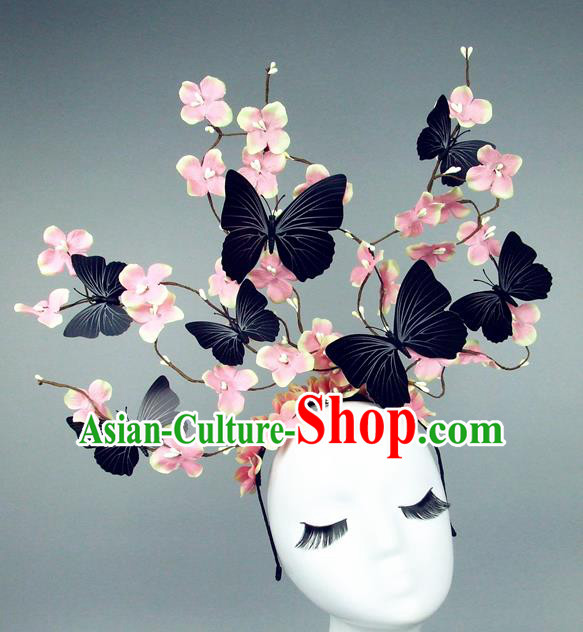 Asian China Butterfly Pink Flowers Hair Accessories Model Show Headdress, Halloween Ceremonial Occasions Miami Deluxe Headwear
