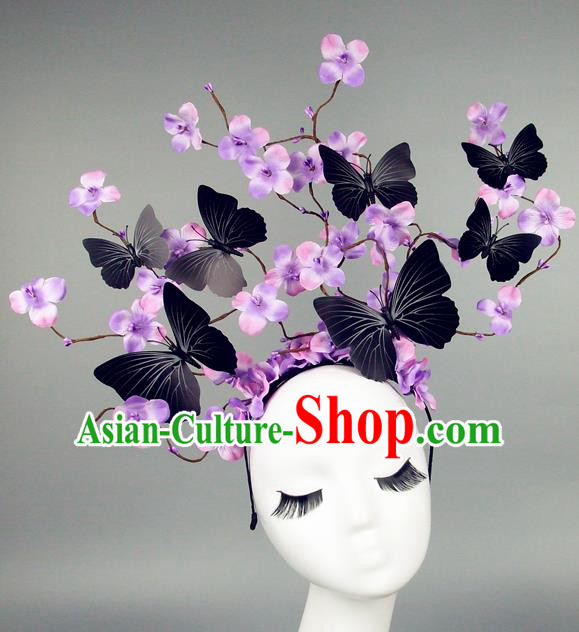 Asian China Butterfly Purple Flowers Hair Accessories Model Show Headdress, Halloween Ceremonial Occasions Miami Deluxe Headwear