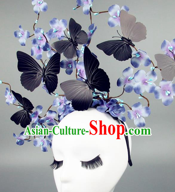 Asian China Butterfly Lilac Flowers Hair Accessories Model Show Headdress, Halloween Ceremonial Occasions Miami Deluxe Headwear