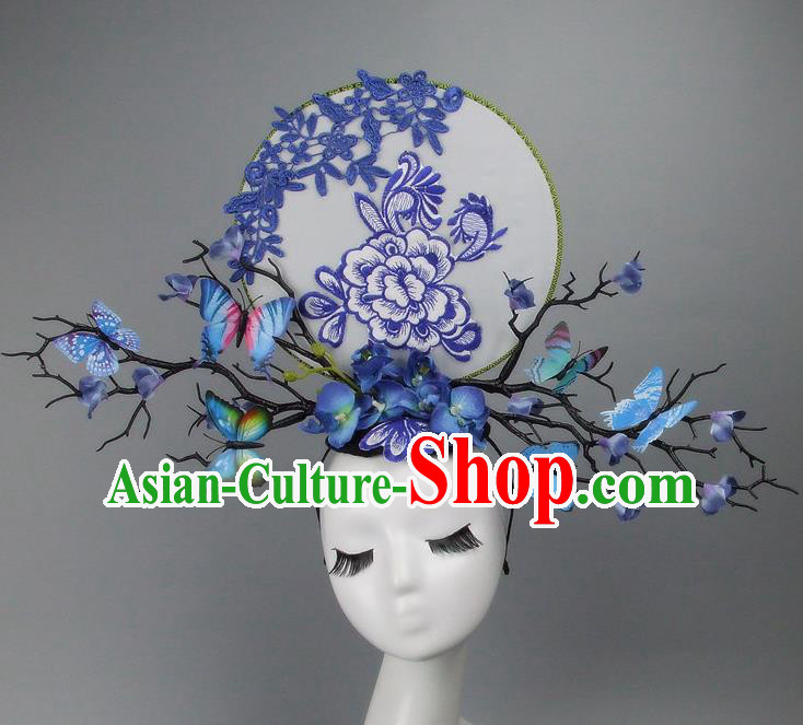 Asian China Theatrical Ornamental Flowers Butterfly Floral Hair Accessories Model Show Headdress, Traditional Chinese Manchu Lady Headwear for Women