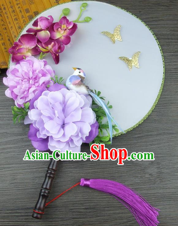 Traditional Handmade Chinese Ancient Wedding Round Fans, Hanfu Palace Lady Purple Peony Flowers Bride Mandarin Fans for Women