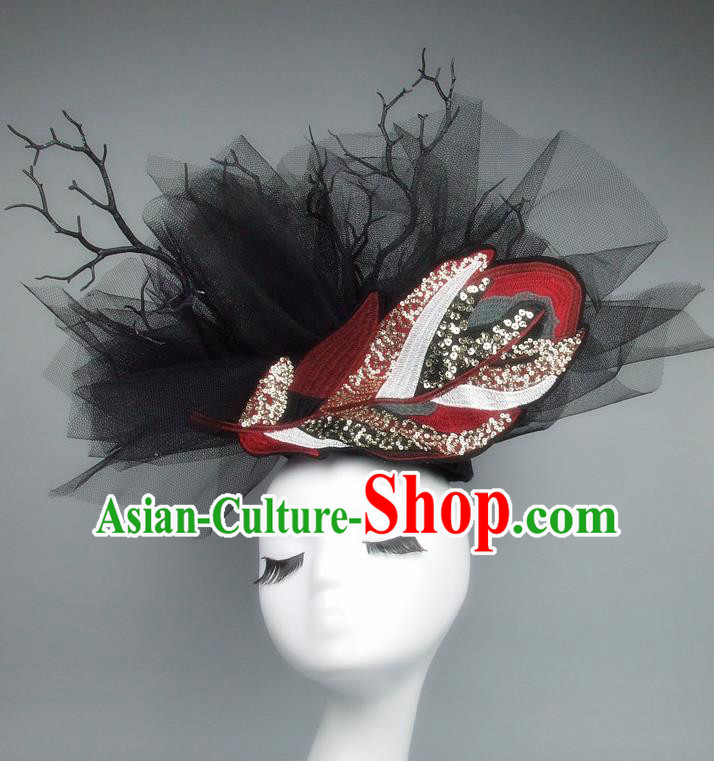 Asian China Black Veil Hair Accessories Model Show Headdress, Halloween Ceremonial Occasions Miami Deluxe Headwear