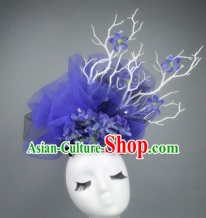 Asian China Blue Veil Hair Accessories Model Show Headdress, Halloween Ceremonial Occasions Miami Deluxe Headwear