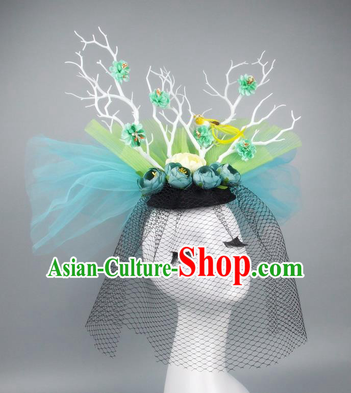 Asian China Green Veil Hair Accessories Model Show Headdress, Halloween Ceremonial Occasions Miami Deluxe Headwear