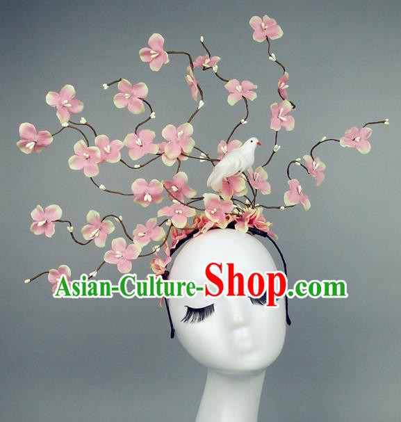 Asian China Pink Flowers Hair Accessories Model Show Headdress, Halloween Ceremonial Occasions Miami Deluxe Headwear