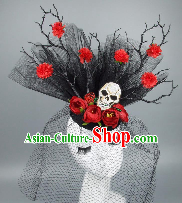 Asian China Black Veil Hair Accessories Model Show Embroidery Headdress, Halloween Ceremonial Occasions Miami Deluxe Headwear