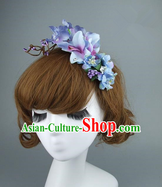 Asian China Wedding Purple Flowers Hair Accessories, Model Show Headdress Bride Headwear for Women