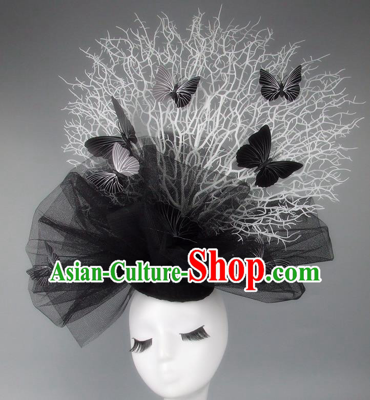 Asian China Exaggerate Hair Accessories Model Show Black Veil Butterfly Headdress, Halloween Ceremonial Occasions Miami Deluxe Headwear