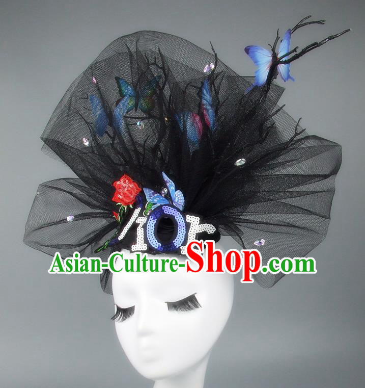 Asian China Exaggerate Veil Hair Accessories Model Show Blue Butterfly Headdress, Halloween Ceremonial Occasions Miami Deluxe Headwear